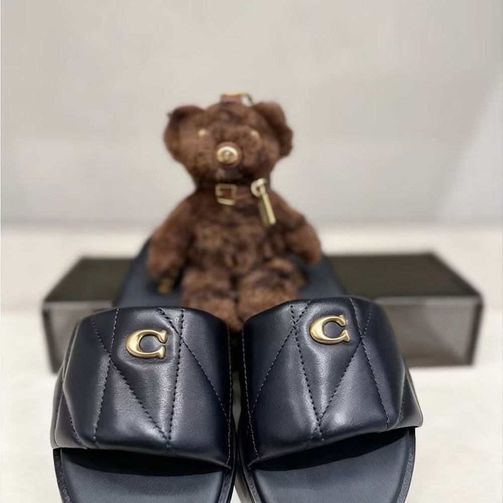 Coach Black Quilted Slide Sandals with Gold C Logo